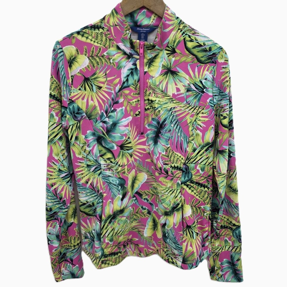 Tommy Bahama Womens‎ L Pink Tropical Leaf Print Quarter Zip Active Pullover Top